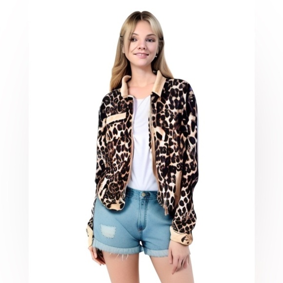 BiBi Leopard Print Distressed Zip Up Jacket - Picture 1 of 9